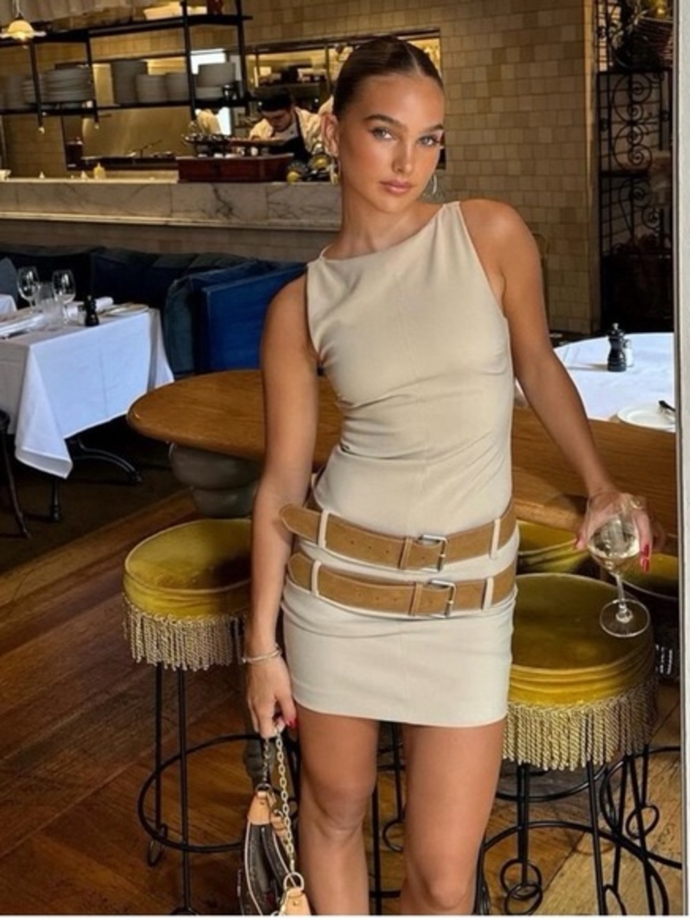 Zara Camel Double Belted Mini Dress Sz M